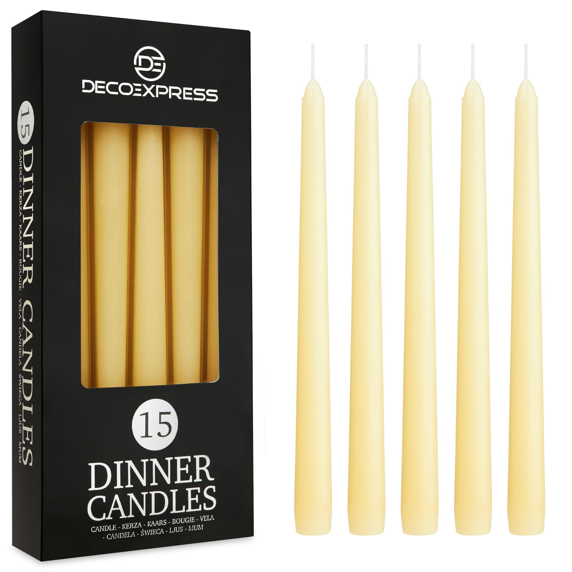 DECO EXPRESS Taper Candles Set of 6, 10, 15 or 50, Long Burning Time up to 8 Hours, Odourless (Silver, Set of 15)