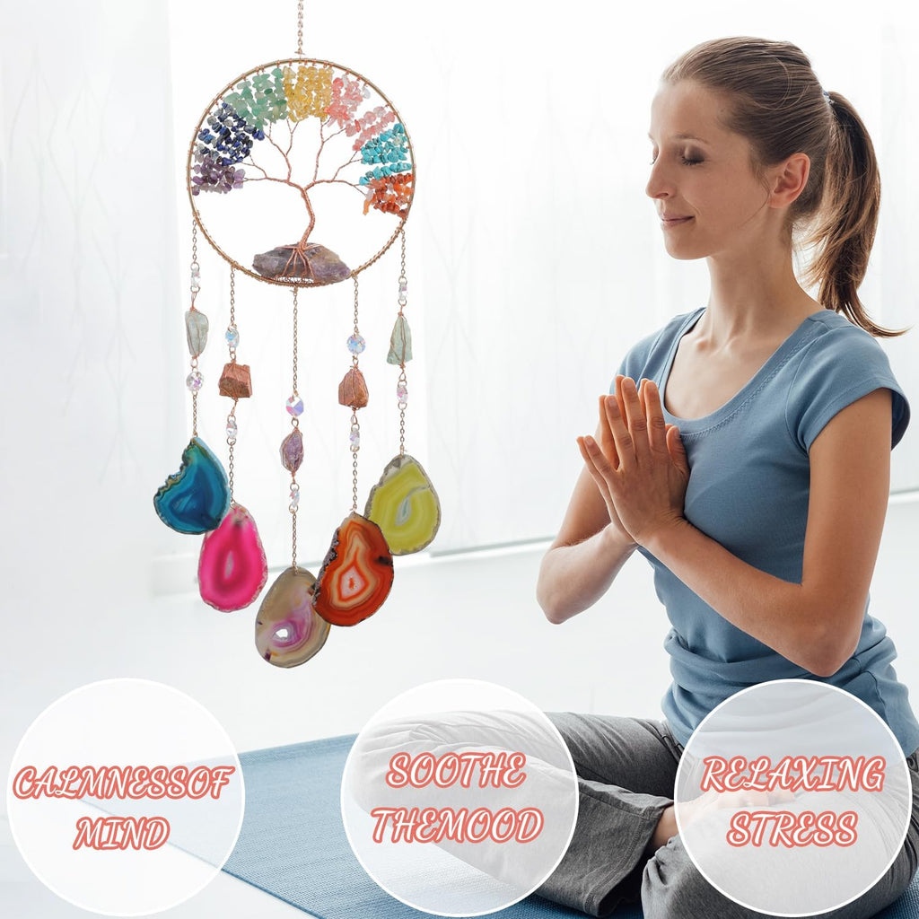 Moon Agate Dream Catcher Handmade Tree of Life Wall Decor with Stones