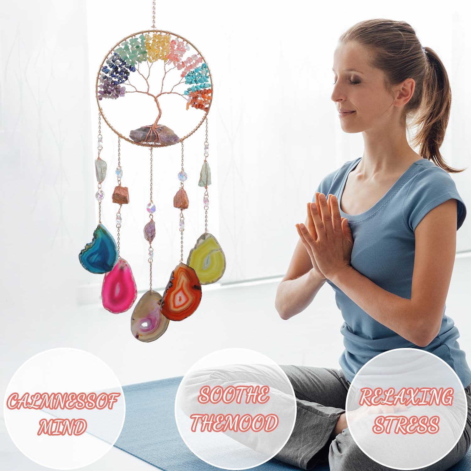 Moon Agate Dream Catcher Handmade Tree of Life Wall Decor with Stones