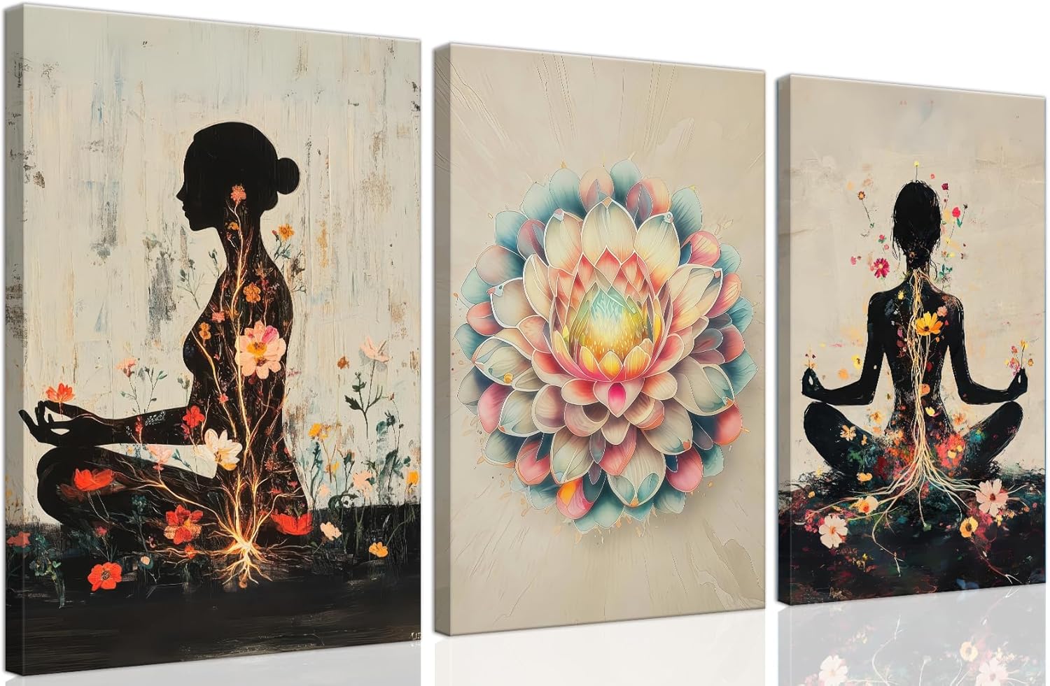 Yoga and Flower themed Meditation Wall Art Set of 3, Spiritual Meditation Women's Match with Flower and Lotus Patterns Canvas Poster Prints Painting,for Yoga Meditation Room,Bedroom,Framed 12X16in