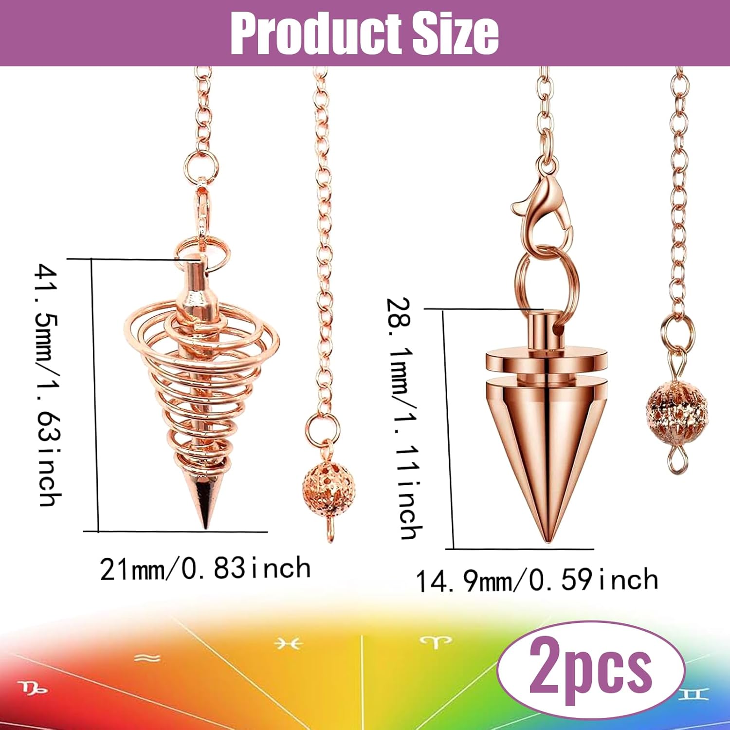 Pack of 2 Esoteric Pendulum, Jewellery Copper Pendulum, Divination Healing Reiki Pendulum Necklace, with Chain Esoteric Radiesthesia Cone Pendulum, Metal Pendulum Spiritual Lace Pendulum (Rose