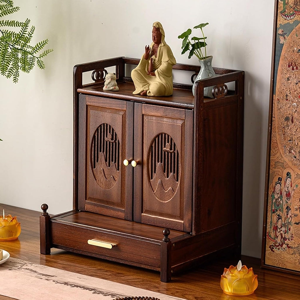 Vintage Altarschränke für Schreibtische, buddhistische Altartische für Kirchen mit ausziehbarem Regal, Opfer- und Meditationsschreine, Buddha-Statuentische für Zuhause, für Tempel.