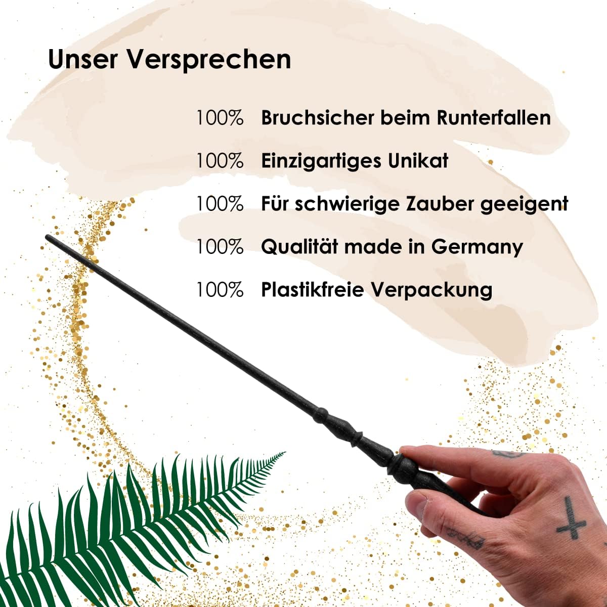 WALDUNIKAT® Zauberstab aus Holz – Made in Germany – Spielzeug, Geburtstags-Geschenk, Deko, Kostüm für Erwachsene, Kinder, Damen, Herren, Mädchen (No. 1 - Schwarz-Glitzer)