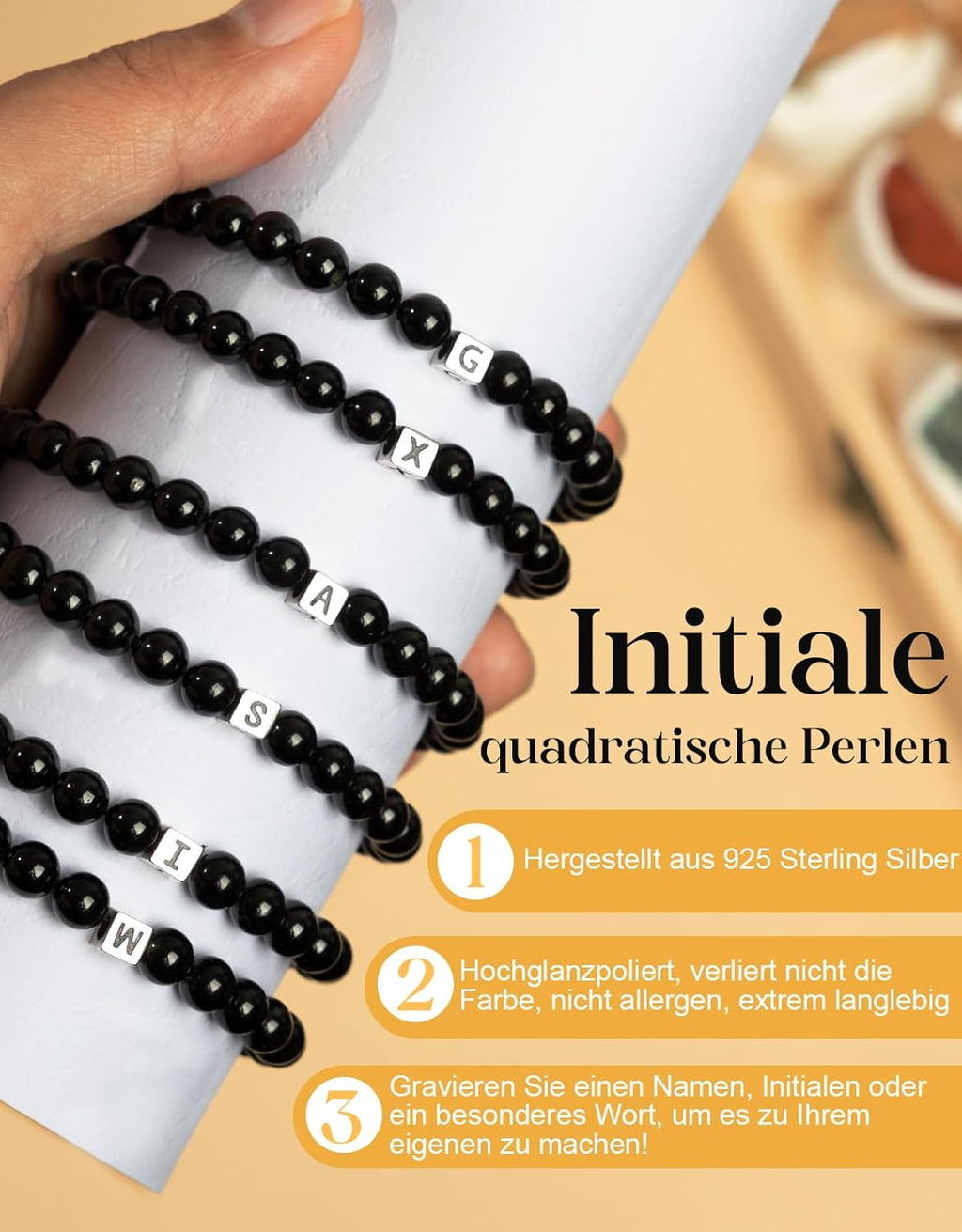Handgemacht 6mm Naturstein Schwarzer Turmalin Armband mit 925 Sterling Silber Perlen, Heilstein Edelstein Perlenarmband, Damen Herren Buchstaben Armbänder. Schmuck Geschenk. Fakultativ A-Z