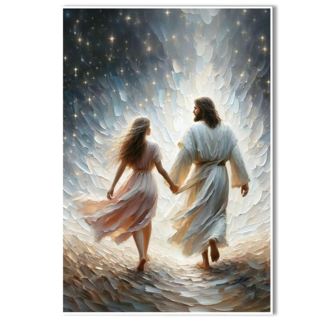 Jesus canvas painting spiritual artwork featuring a girl in a flowing white robe happily playing in a warm field of golden daisies. Adds a vibrant atmosphere to your home's sacred wall decor