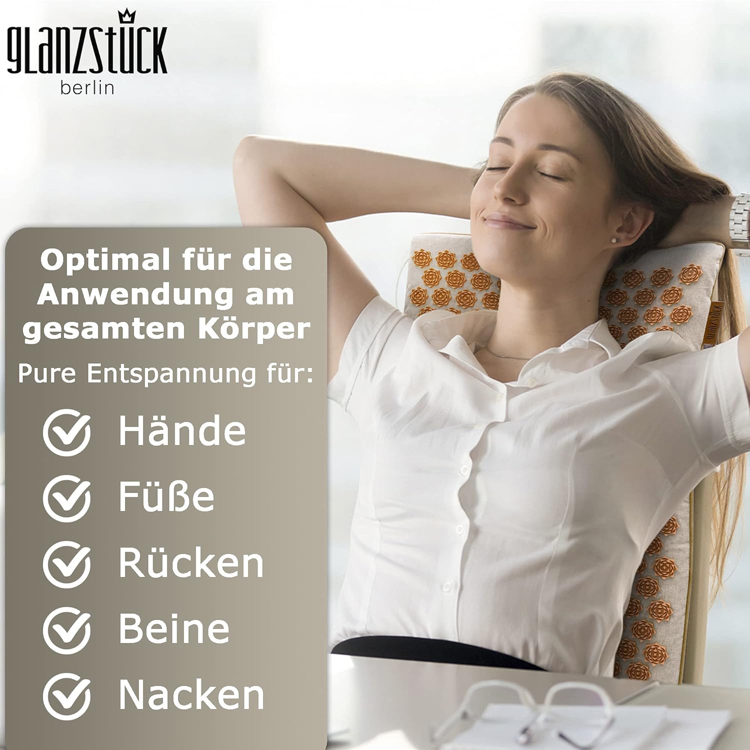 Glanzstück Berlin® Health Collection: XL Akupressurmatte Set ORIGINAL aus Leinen, Hilfe bei Verspannungen, Rückenschmerzen, Massagematte mit Kissen (Wärmefunktion) & Tasche, nachhaltig