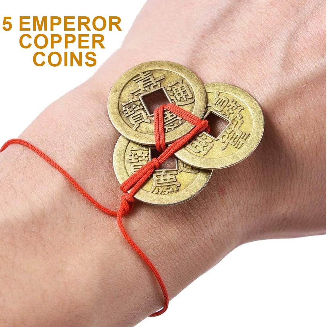 XUKZIMA 5 Strings of Copper Lucky Coins, Feng Shui Coins, Traditional Coins with Red Rope for Wealth and Success
