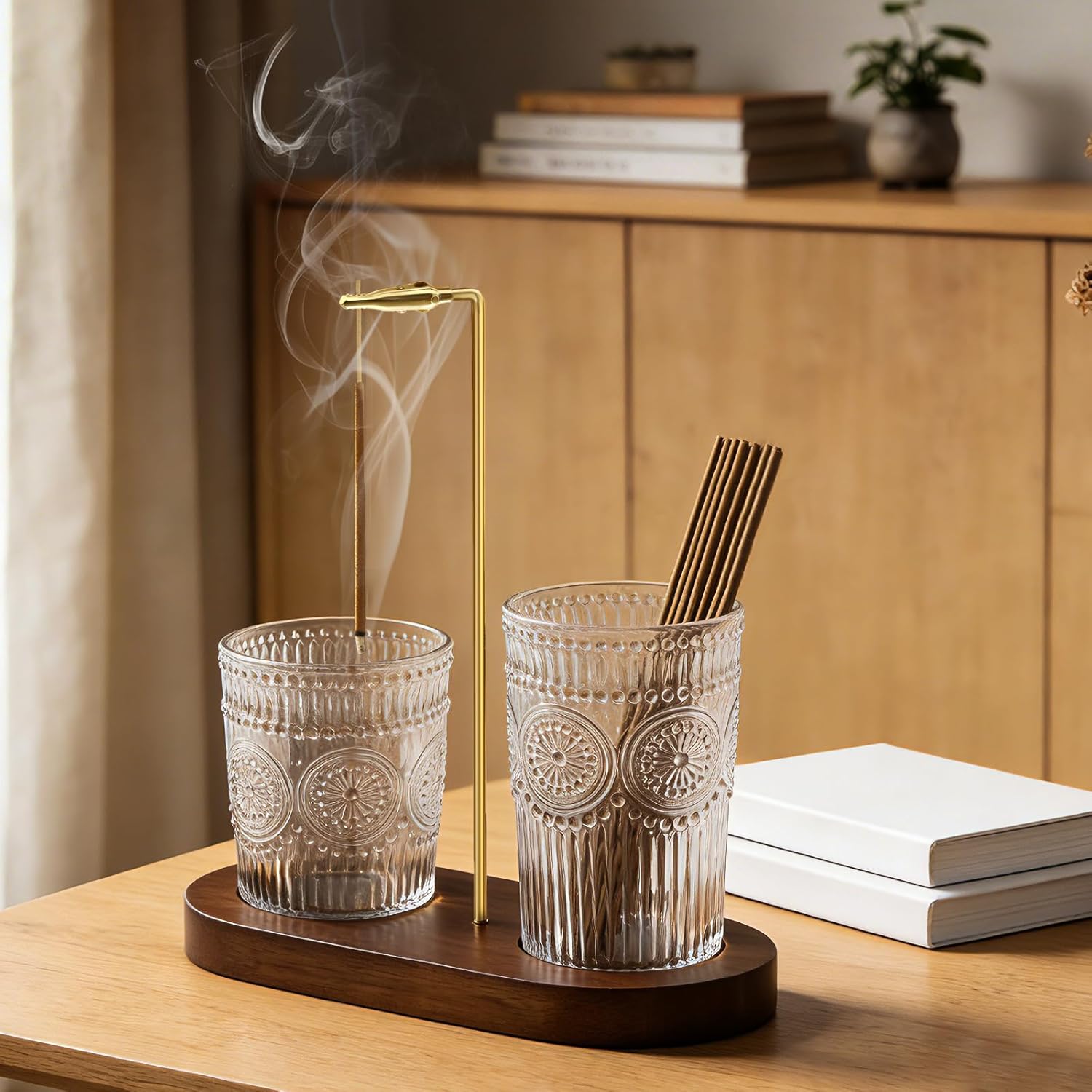 2 in 1 Incense Holder for Sticks, Vintage Glass Incense Burner | Upside Down insence-stick holder, Ash Catcher & Solid Wood Base, Anti-Ash Flying Catcher for Meditation, Yoga, Spa & Home