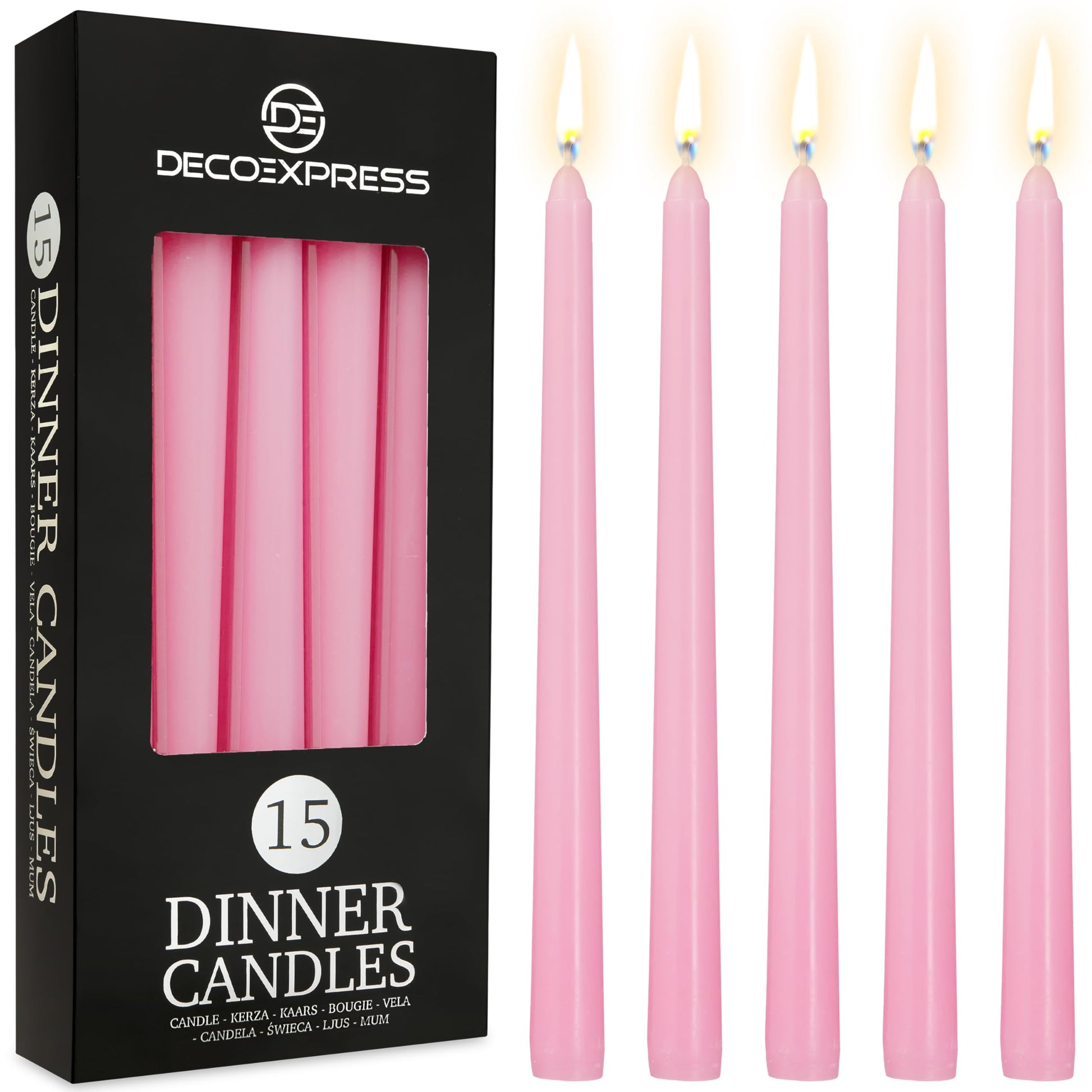 DECO EXPRESS Taper Candles Set of 6, 10, 15 or 50, Long Burning Time up to 8 Hours, Odourless (Silver, Set of 15)