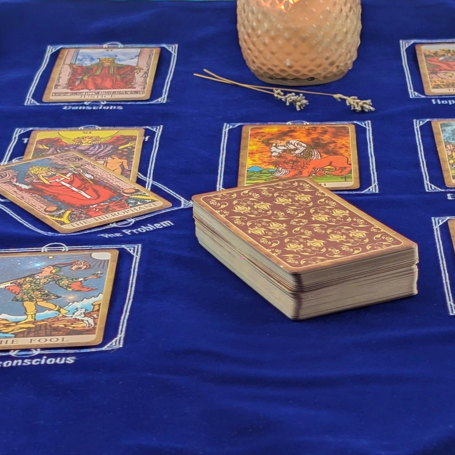 Tarot Divination Table Cloth for Reading and Altar Cloth Moon Alter, Cloth Witchy Embroidery Velvet Silk Touch Satin Celtic Cross (Blue)