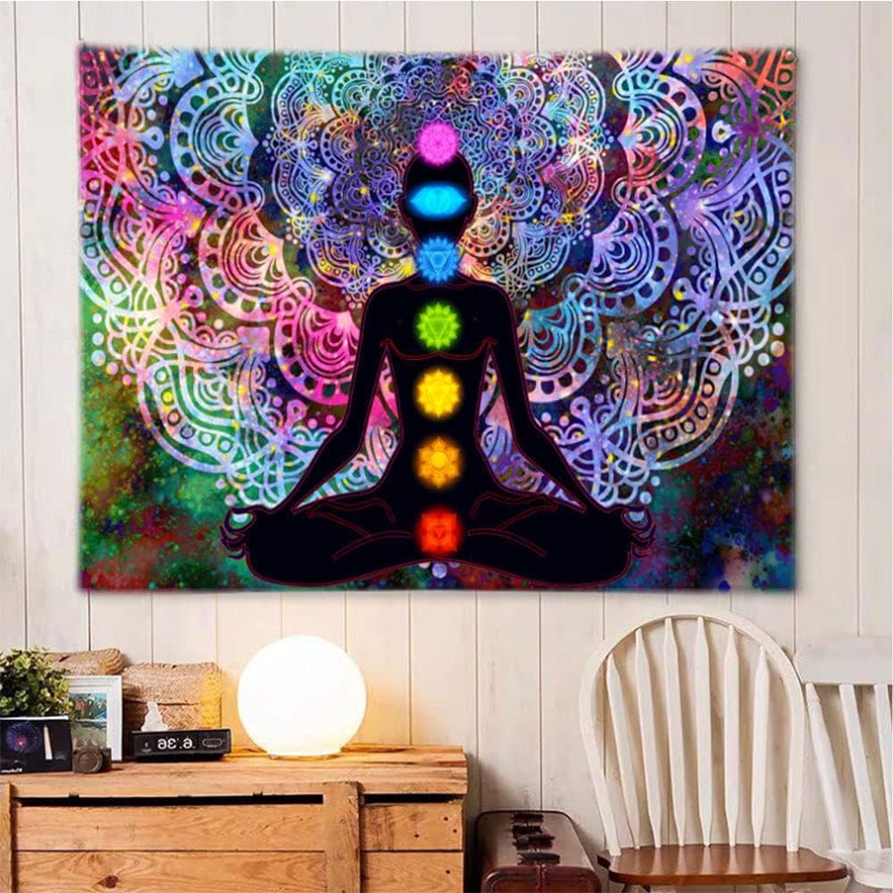 Yoga Mandala Tapestry, Colourful Seven Chakra Tapestry with Installation Kit, for Bedroom, Living Room, Dorm, Studio Room Decor