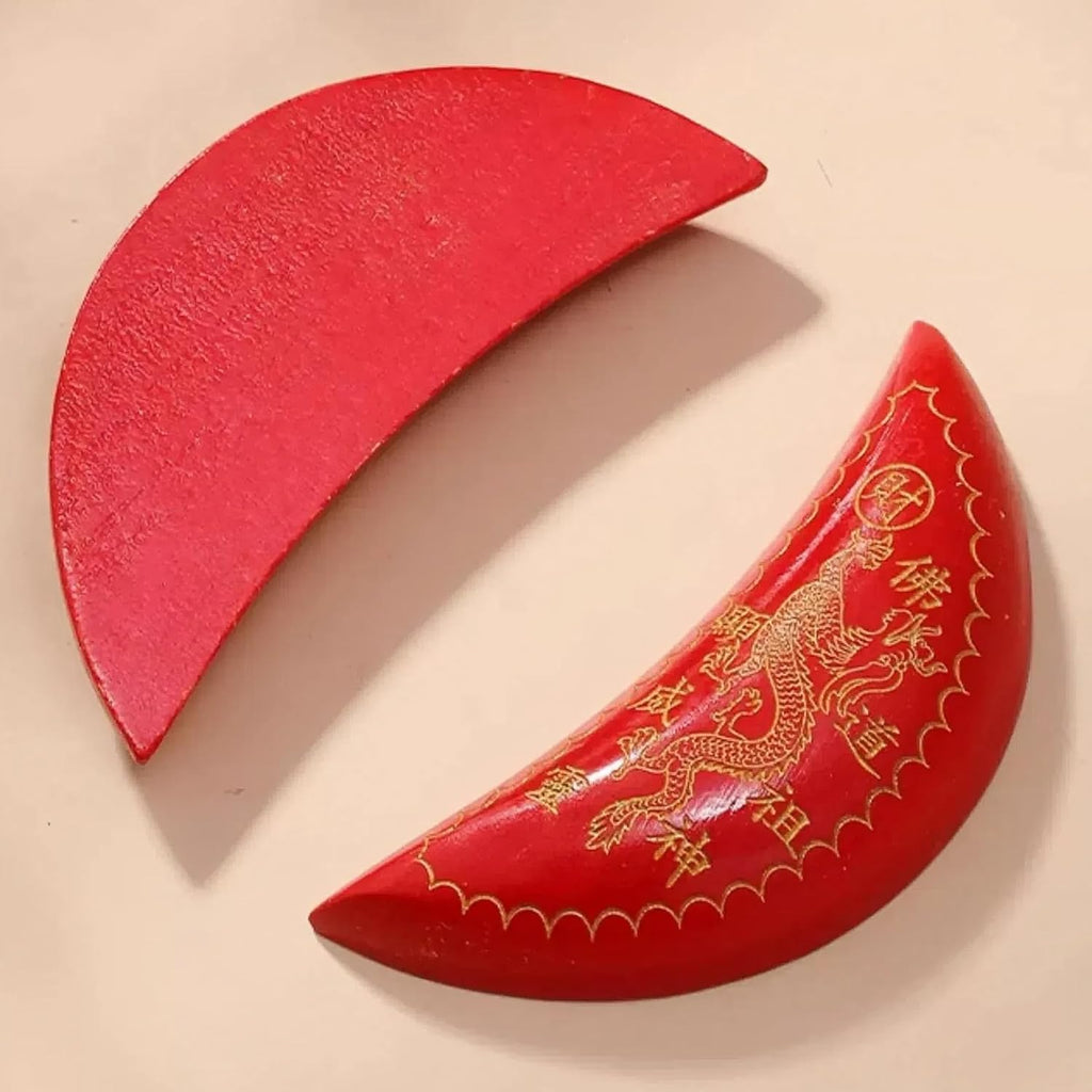 3.5" Chinese Jiaobei Divination Blocks - Red Moon Blocks with Double Dragon Design, Fortune Divination Cups, Traditional Ritual Poe, Altar Supplies Decor