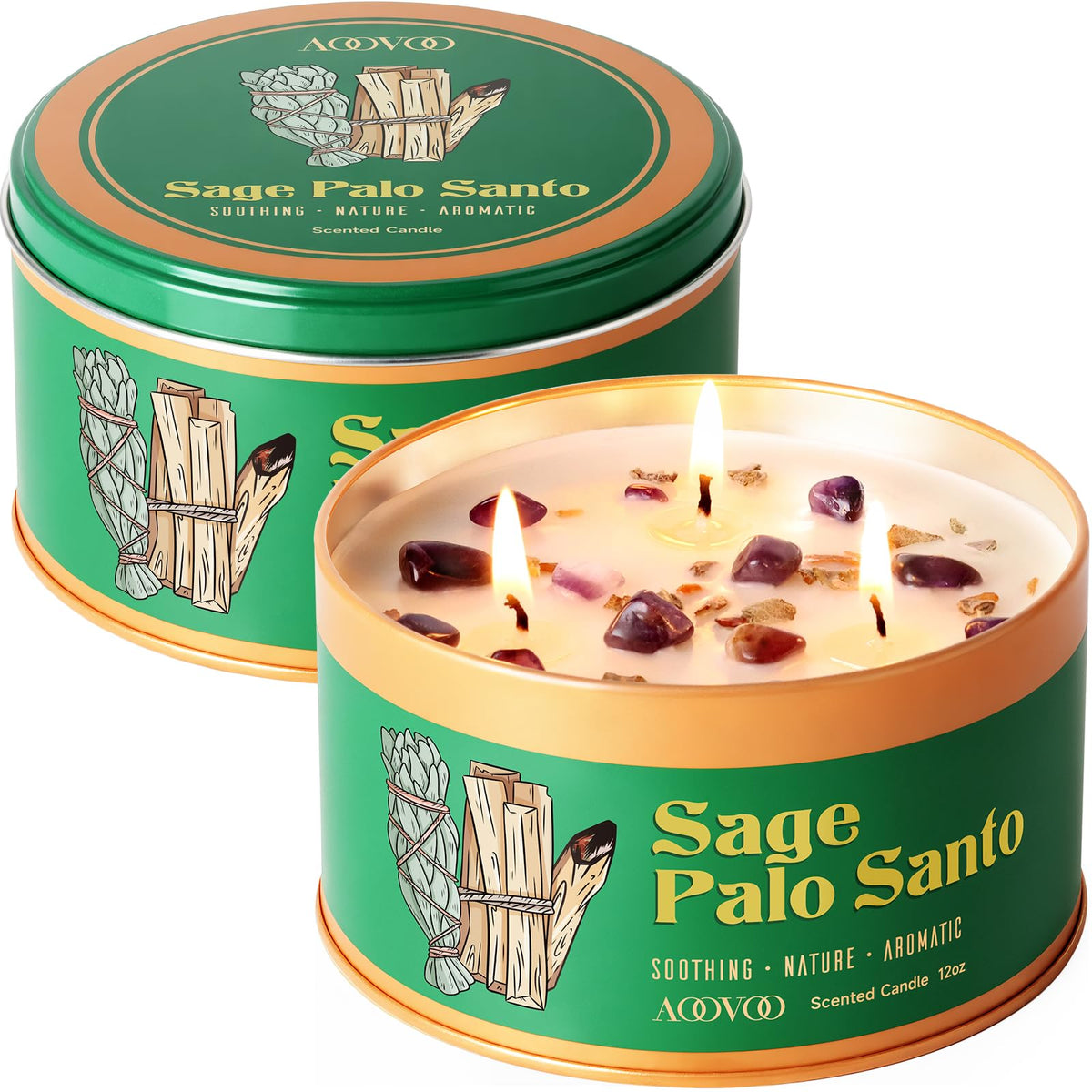 AOOVOO Sage Candle for Cleansing - 3 Wick 12oz Large Scented Candle with Crystals & Sage Leaves Inside, Soy Candles Non Toxic for Meditation Spiritual Gift, Aromatherapy Candle for Women Men