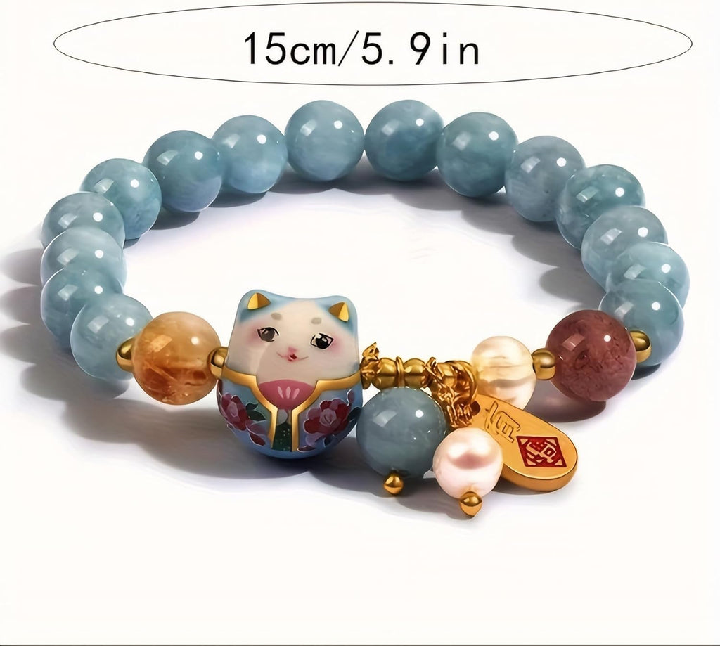 Damen Armband mit Glückskatze Anhänger, Blau Kristall Perlen, Keramik Katze Schmuck, Feng Shui Schutzarmband für Wohlstand & Energie