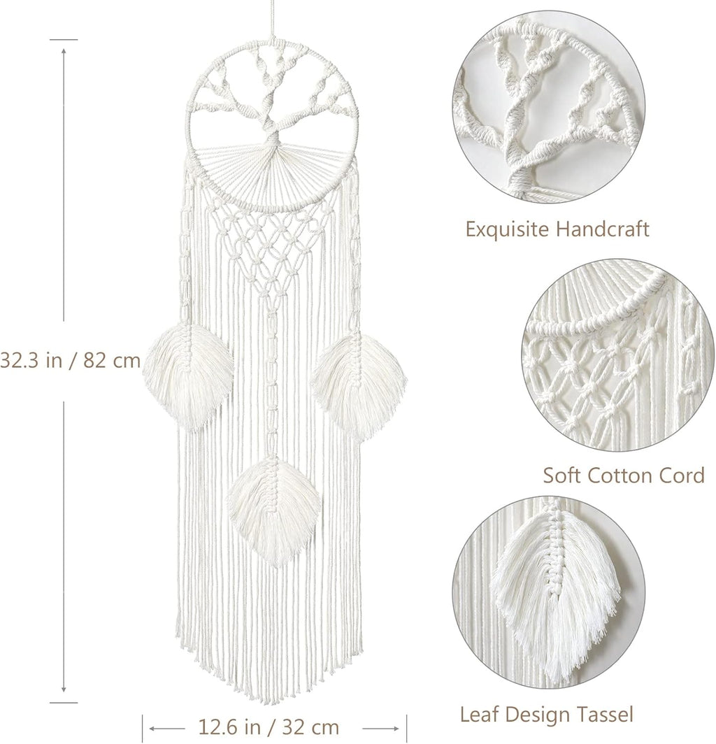 LOMOHOO Tree of Life Dream Catcher, Macrame Wall Hanging, Boho Dream Catcher with Feather Leaf, Bohemian Dream Catcher for Wedding Parties, Bedroom, Children's Room, Cafe, Gypsy Decor