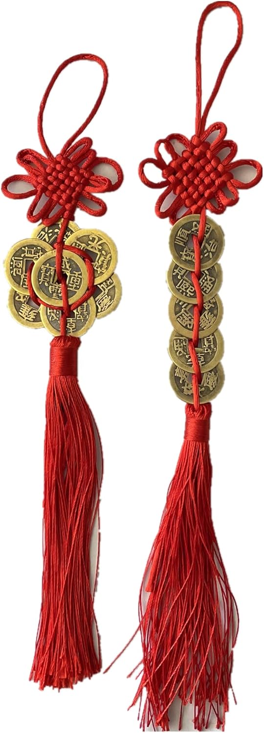 Stormflag China 2pcs Emperor Money Wealth Success Lucky Charm Red Chinese Knot Lucky Tassels Lucky Coins Feng Shui Coins Anger Decorations Car Pendant, Polyester