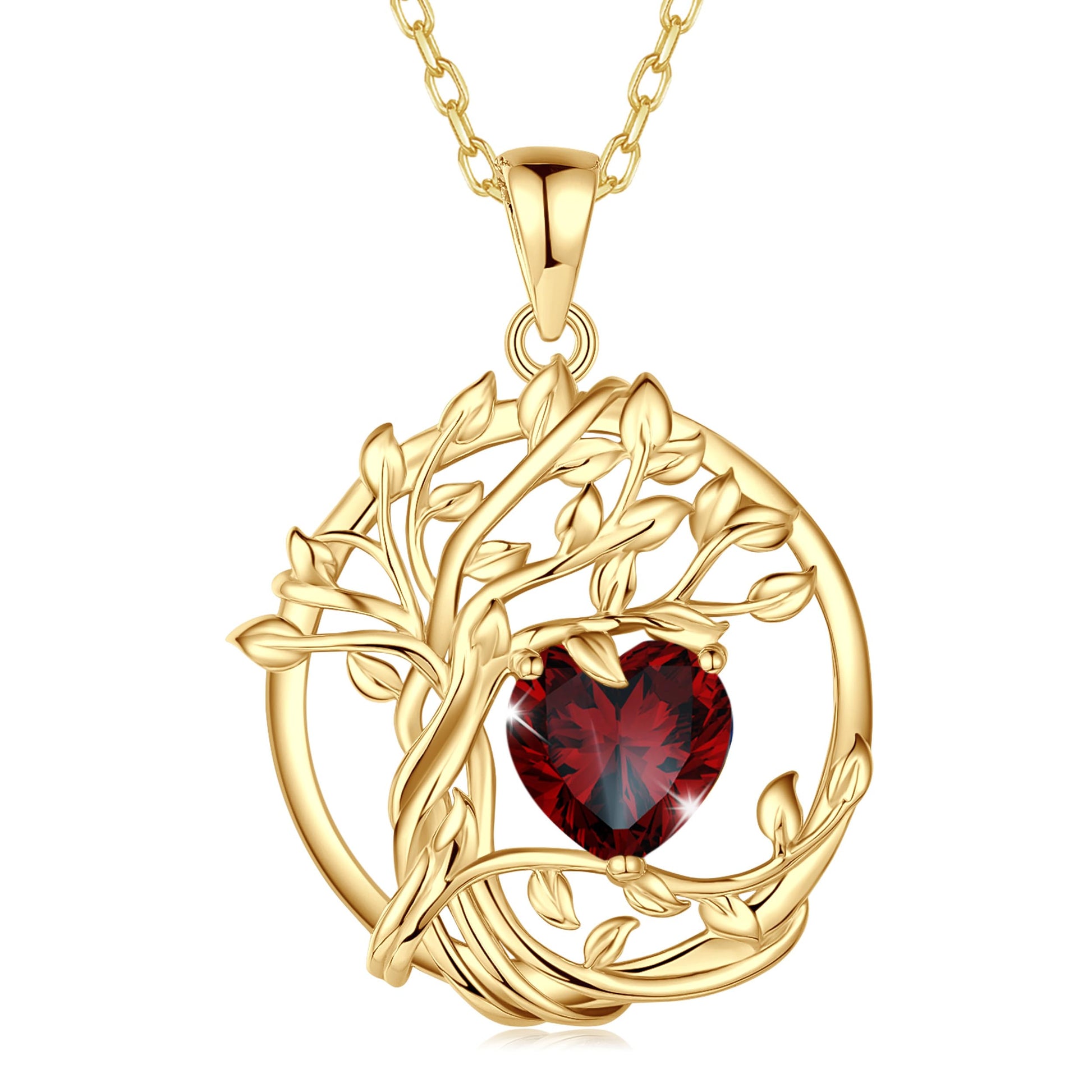 FANCIME Lebensbaum Geburtstein Kette für Damen Gelbgold Vergoldet Baum des Lebens Edelstein Anhänger Halskette Schmuck Geschenke für Damen Frauen Mädchen, Kettenlänge: 40+5 cm