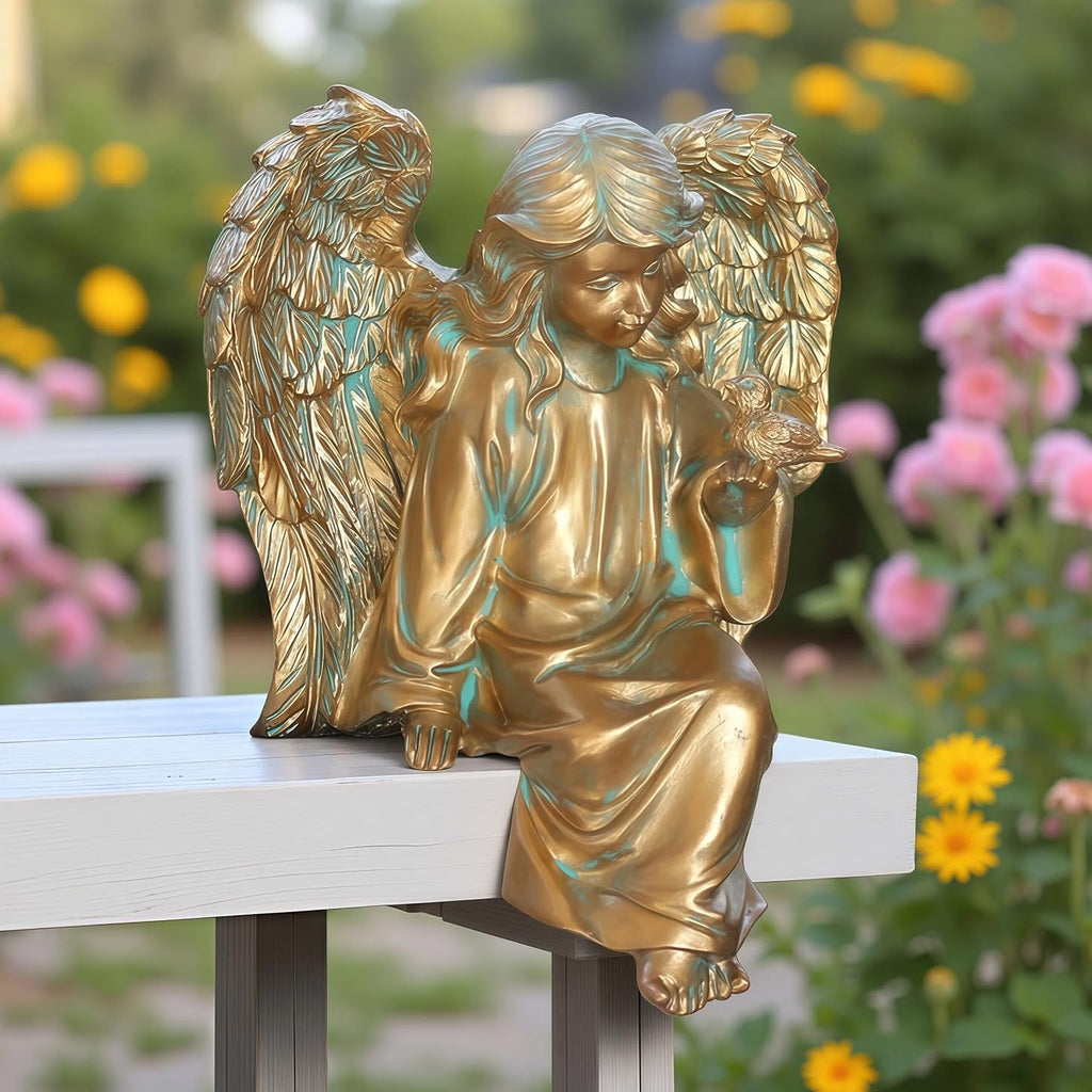 Angel Garden Statue, Sitting Angel Sculpture, Resin Angel with Bird Figurine for Patio Yard Porch Lawn Outdoor Decor Home Shelf Sitter Memorial Spiritual Gifts