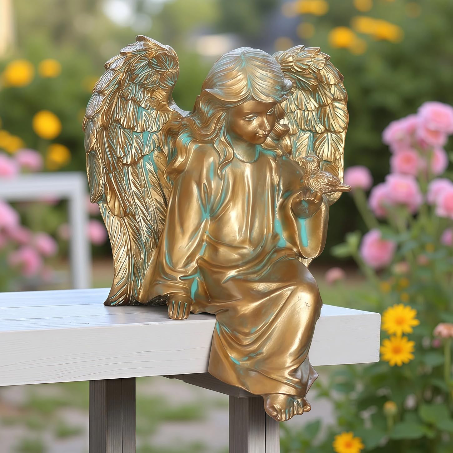 Angel Garden Statue, Sitting Angel Sculpture, Resin Angel with Bird Figurine for Patio Yard Porch Lawn Outdoor Decor Home Shelf Sitter Memorial Spiritual Gifts