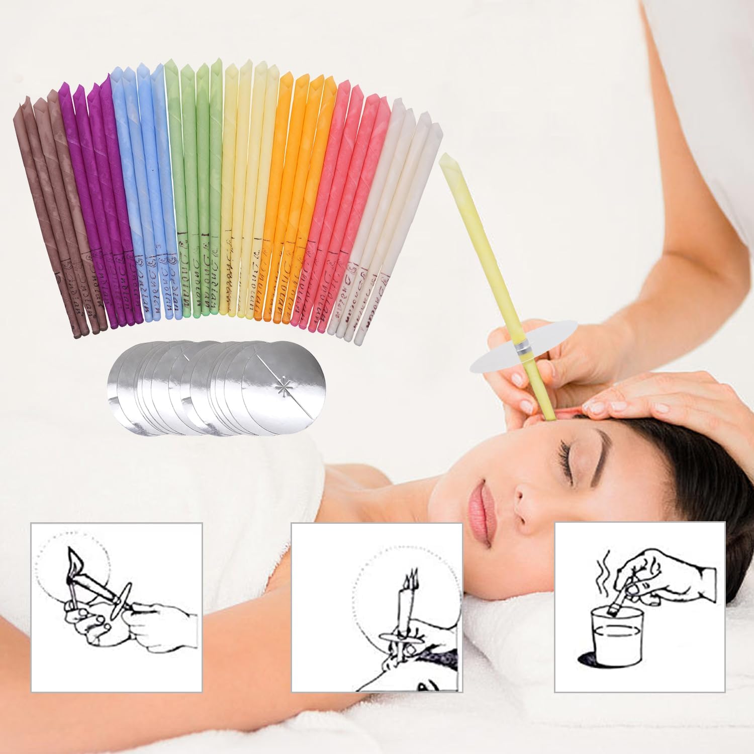 Natürliche Ohrkerzen,32 Stück (8 Farben), Zylinderduft, hohle Kegelkerzen mit 16 Schutzscheiben