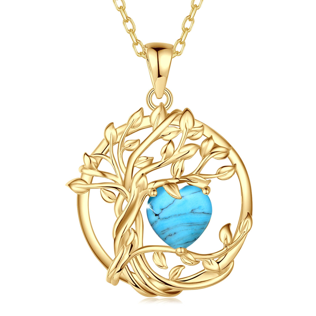 FANCIME Lebensbaum Geburtstein Kette für Damen Gelbgold Vergoldet Baum des Lebens Edelstein Anhänger Halskette Schmuck Geschenke für Damen Frauen Mädchen, Kettenlänge: 40+5 cm