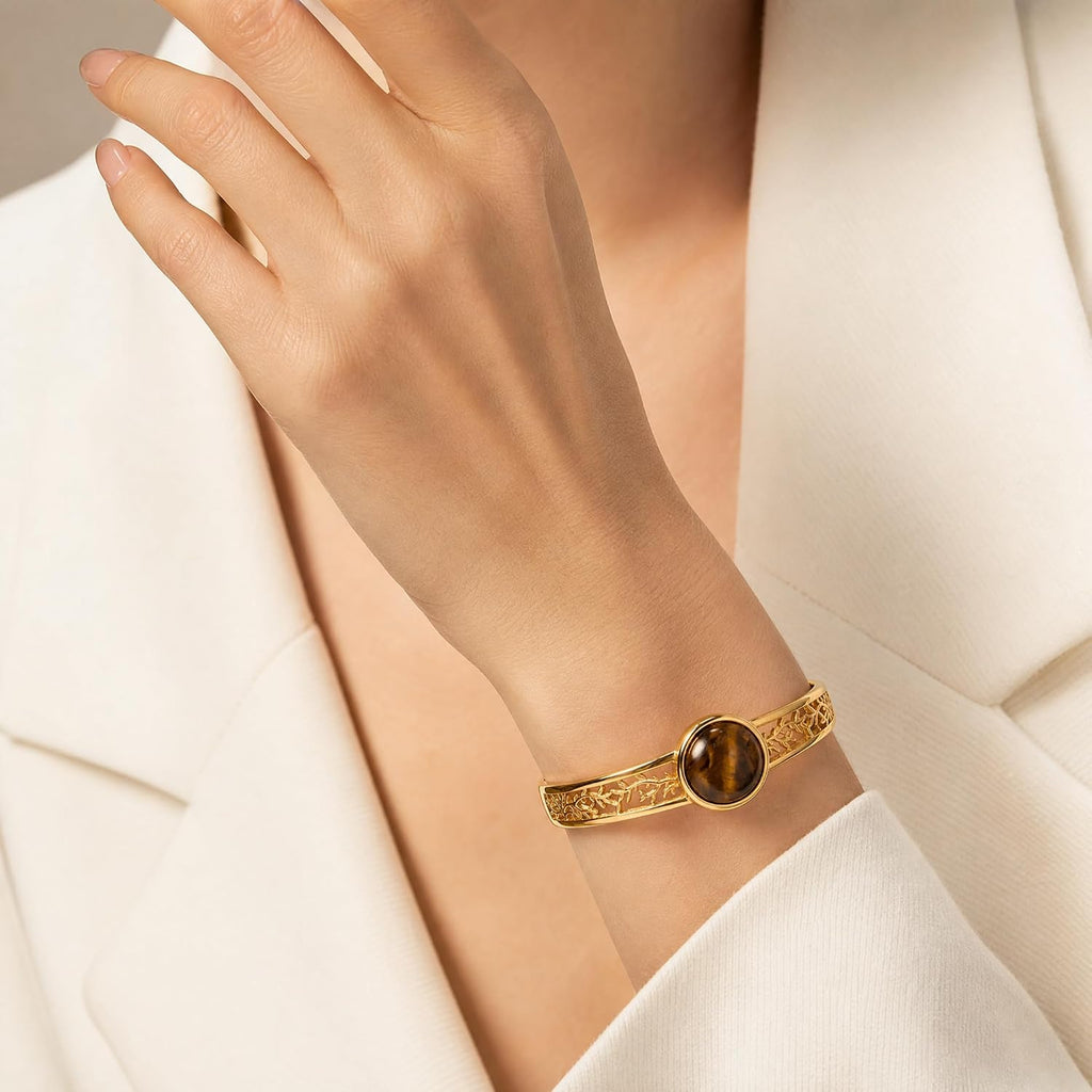 Tiger Eye Tree of Life Cuff Bracelet 14k Gold Plated Open Bangle