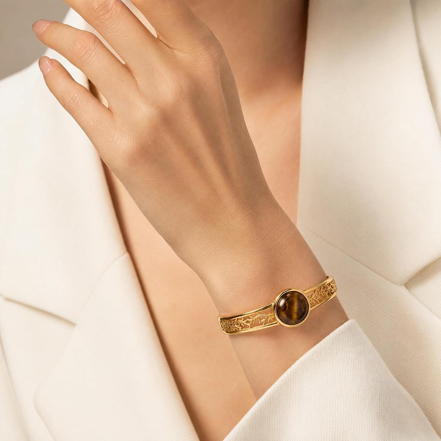 Tiger Eye Tree of Life Cuff Bracelet 14k Gold Plated Open Bangle