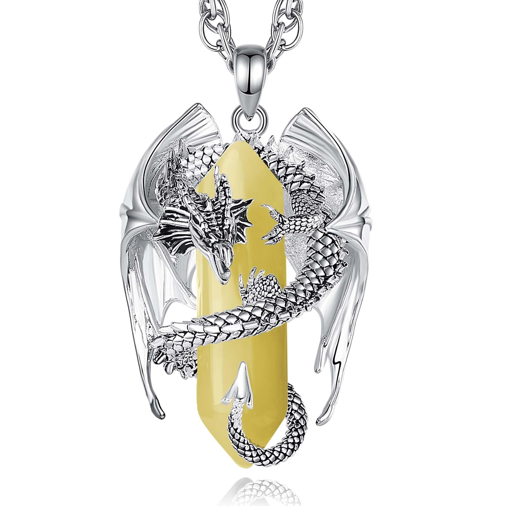 INFUSEU Kristall Drachen Kette, Nordischer Drache Gewickelter Zylinder Edelstein Kristall Anhänger Sechseckiger Heilkristall Anhänger Gothic Naturkristall-Schmuck Geschenk für Männer Frauen