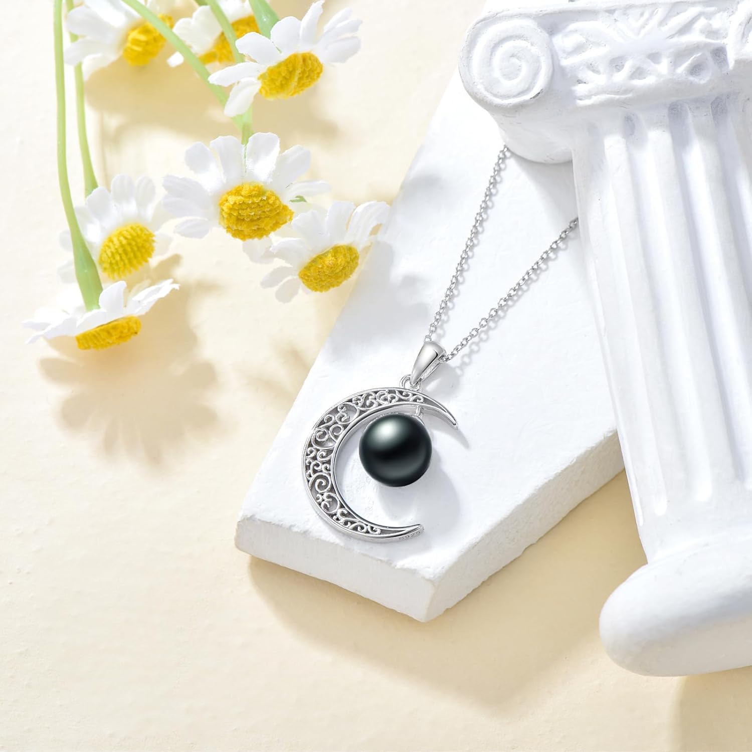 Black Pearl Pedant Necklace Celtic Moon for Womens ,Silver Forever Love 10mm Pearl 18"+2" inches Chain Neckalce for Mother's