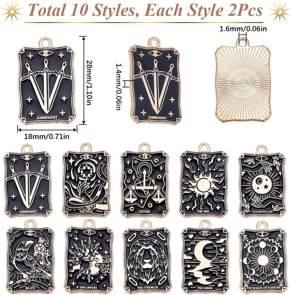 SUNNYCLUE Pack of 20 10 Styles Tarot Charms Bulk Fortune Telling Charms Halloween Gothic Magic Tarot Card Enamel Black Gold Amulet Lucky Charm for Jewellery Making Pendant DIY Earrings Bracelets