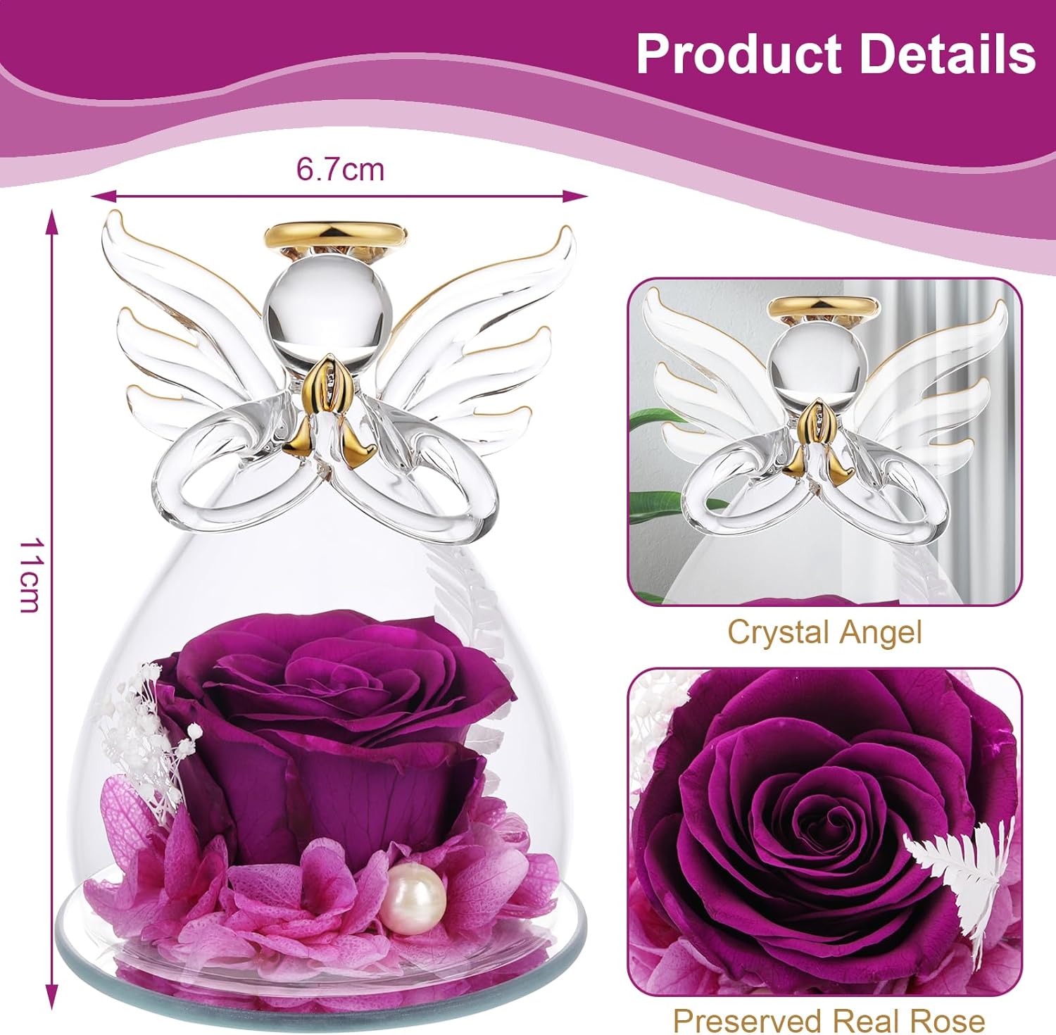 Ewige Rose Engel Geschenke für Mama, Ewige Rose in Engel Glaskuppel für Sie, Infinity Rosen Konservierte Blumen Handgemachte, Engelsfigur aus Glas, Geschenk für Frauen Mutter Oma Großmutterk
