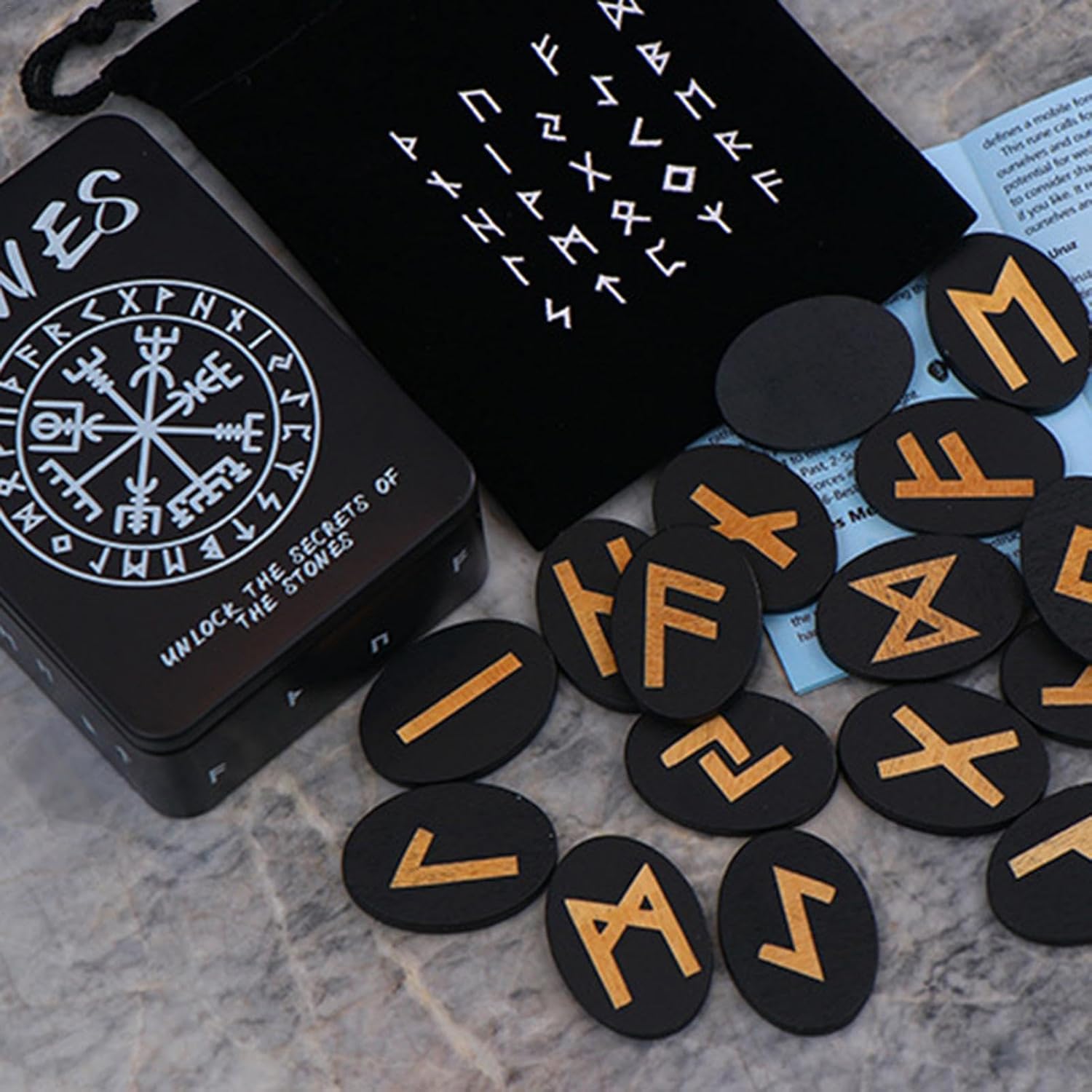 Fabixoin Witch Runes Set | Altar Divination Tools with Manual and Storage Bag, 25 Pieces Wooden Runes for Meditation, Spirituality, Entertainment, Witch Home Decoration