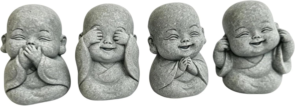 4-in-1 Mini Buddha Statue Set - See/Hear/Speak/Think No Evil, Zen Feng Shui Decor for Home, Aquarium, Garden, Office - Spiritual Resin Figurines with Blessing Amulet (Mini Buddha Statue)