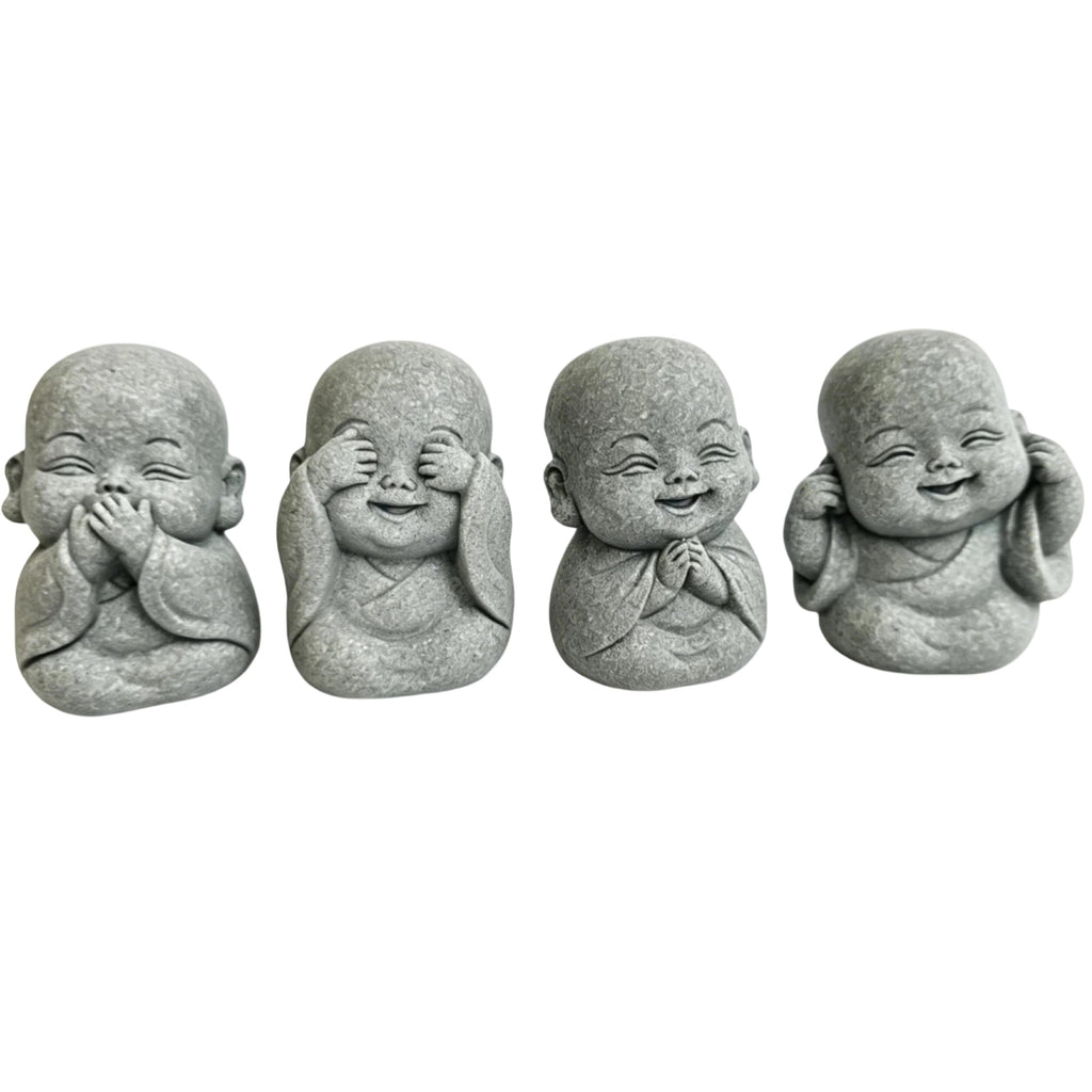 4-in-1 Mini Buddha Statue Set - See/Hear/Speak/Think No Evil, Zen Feng Shui Decor for Home, Aquarium, Garden, Office - Spiritual Resin Figurines with Blessing Amulet (Mini Buddha Statue)