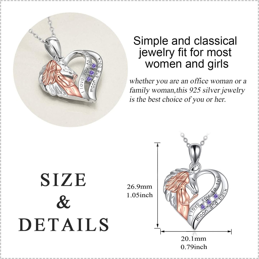 YAFEINI Pferde Kette Schmuck Geschenke Sterling Silber Ich liebe dich bis zum Mond und zurück Pferd und Mädchen Liebe Herz Anhänger Halskette für Damen Mädchen
