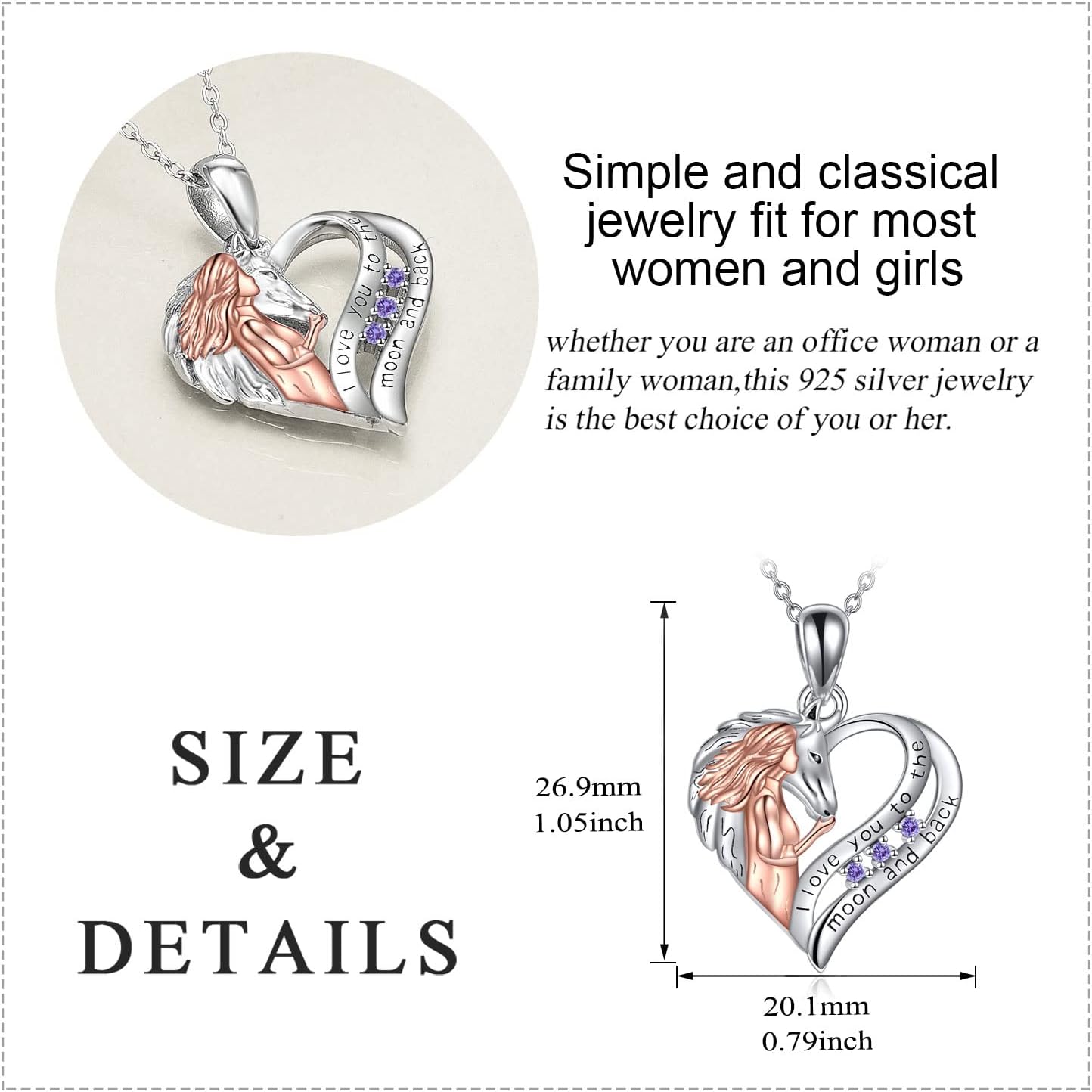 YAFEINI Pferde Kette Schmuck Geschenke Sterling Silber Ich liebe dich bis zum Mond und zurück Pferd und Mädchen Liebe Herz Anhänger Halskette für Damen Mädchen
