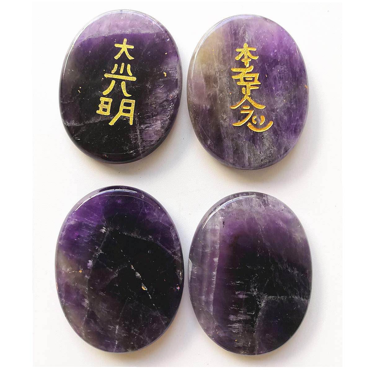 Lovionus89 4 Stück Amethyst Graviert Chakra Steine Heilung Kristall Reiki Ausbalancieren Palme Stein,25mm