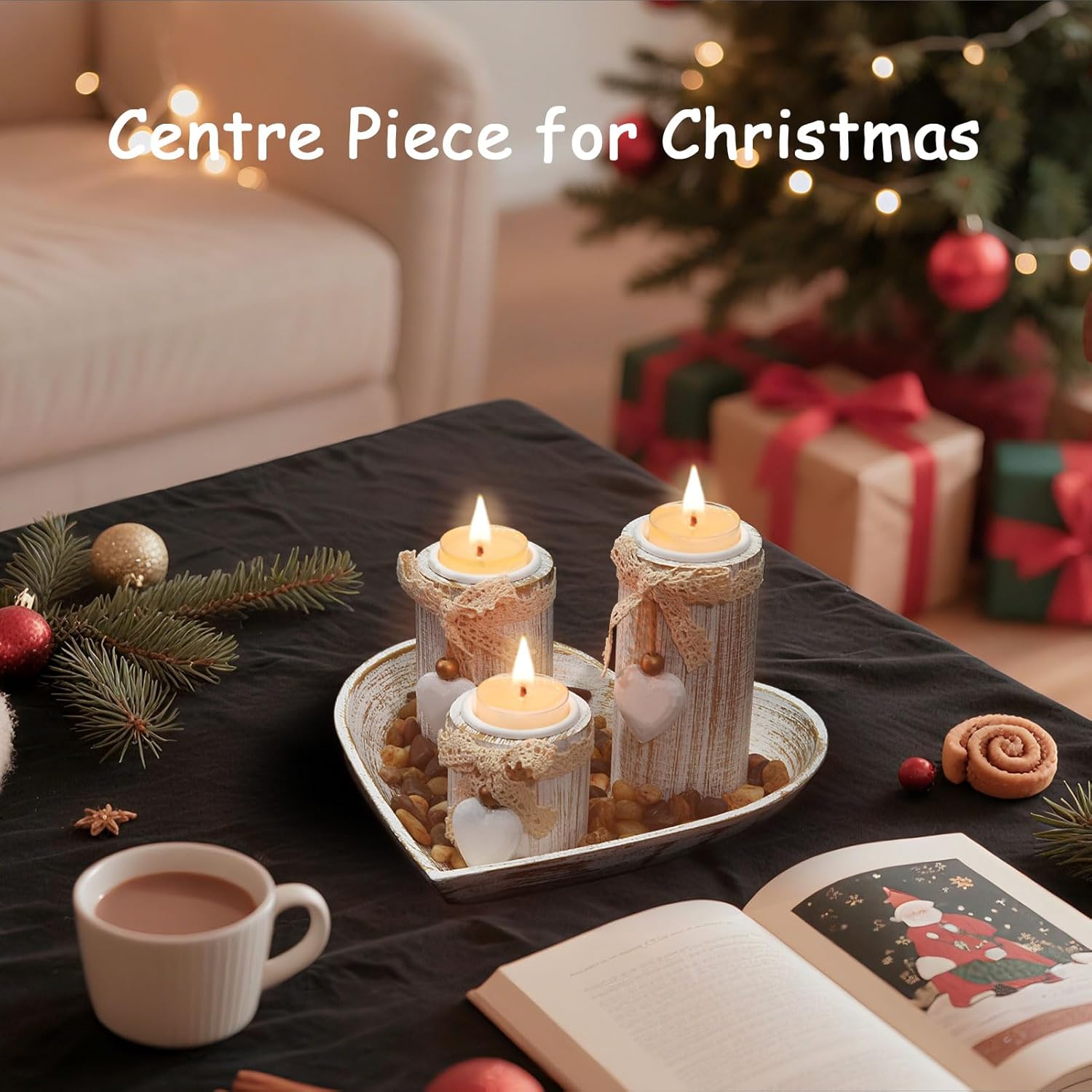 GoMaihe Holz Teelichthalter mit Tablett: 3-teiliges Kerzenständer-Set aus für Hochzeits- und Esstischdekoration, Geburtstagsgeschenk für Mama, romantische Wohndeko, Herzform