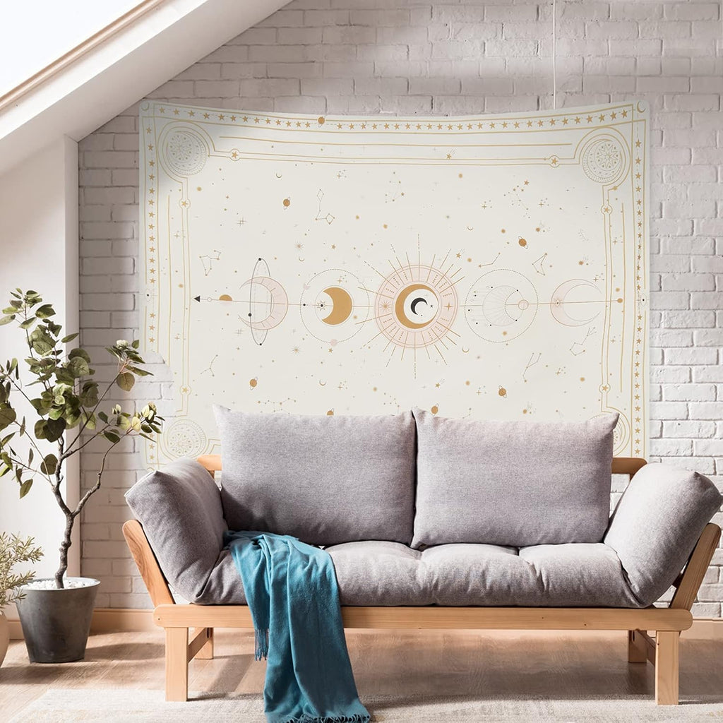 Yugarlibi Mondphasen Wandteppich Mysteriöser Konstellation Sternenhimmel Tarotkarten Wandbehang Ästhetische Retro Astrologie Wandkunst für Schlafzimmer Wohnzimmer Beige 150x130cm