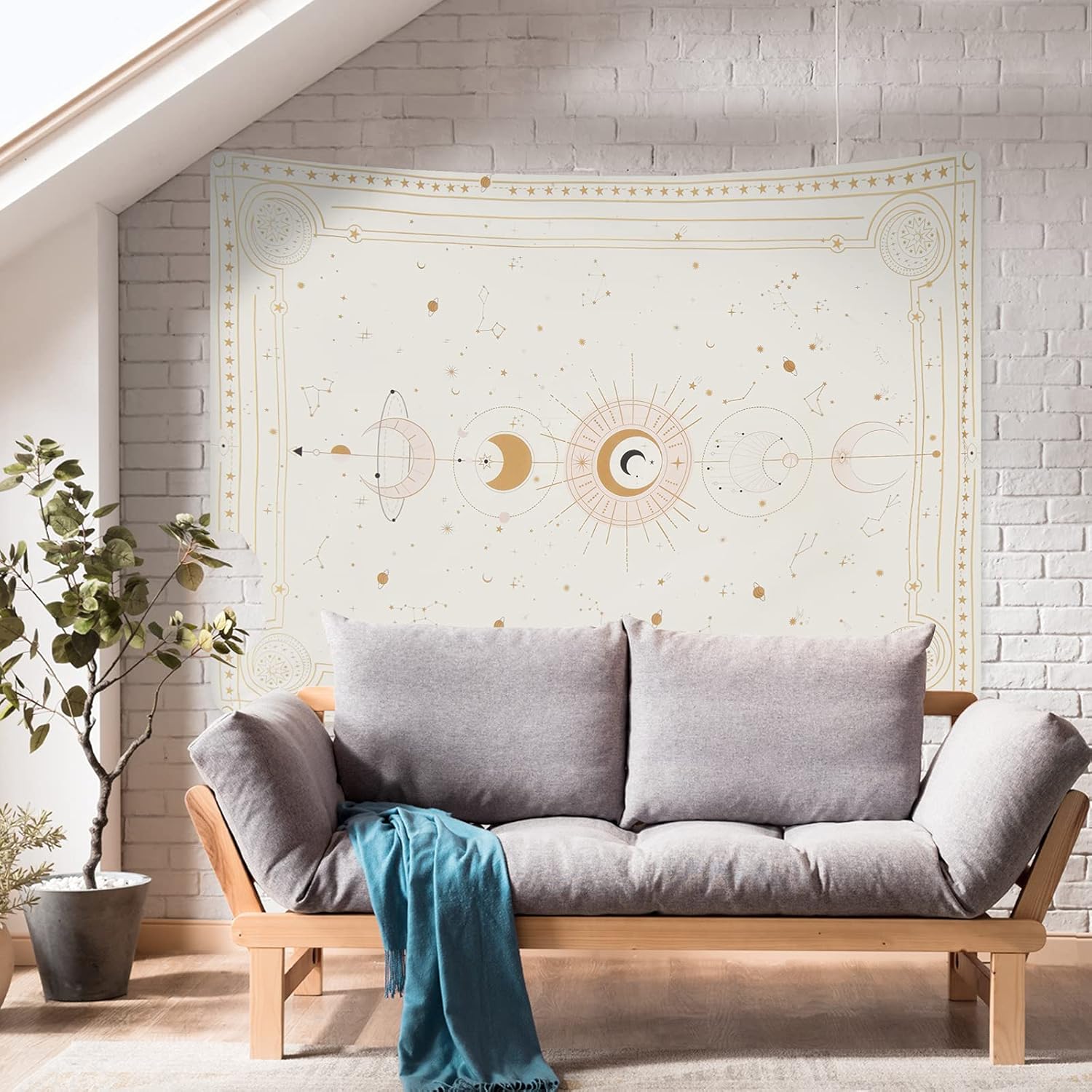 Yugarlibi Mondphasen Wandteppich Mysteriöser Konstellation Sternenhimmel Tarotkarten Wandbehang Ästhetische Retro Astrologie Wandkunst für Schlafzimmer Wohnzimmer Beige 150x130cm