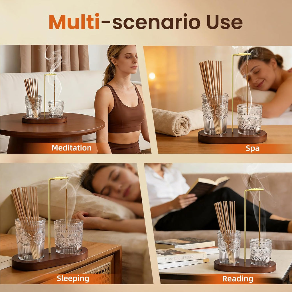 2 in 1 Incense Holder for Sticks, Vintage Glass Incense Burner | Upside Down insence-stick holder, Ash Catcher & Solid Wood Base, Anti-Ash Flying Catcher for Meditation, Yoga, Spa & Home