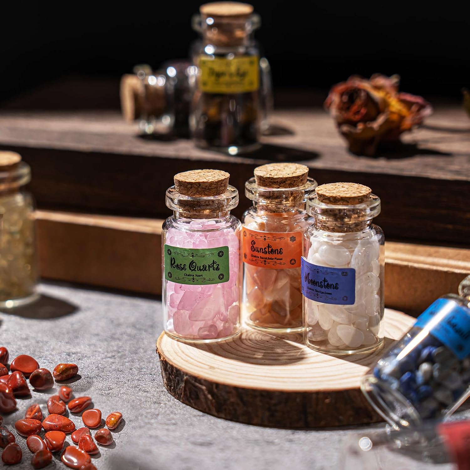 Crystals for Witchcraft in Bottles,14pcs of Crystal Sets for Witchcraft Supplies,Real Crystals and Healing Stones,Wiccan Supply Tool,Mini Gemstones,Chakra Healing Crystals