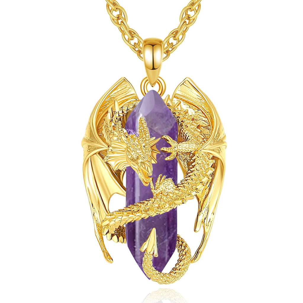 INFUSEU Kristall Drachen Kette, Nordischer Drache Gewickelter Zylinder Edelstein Kristall Anhänger Sechseckiger Heilkristall Anhänger Gothic Naturkristall-Schmuck Geschenk für Männer Frauen