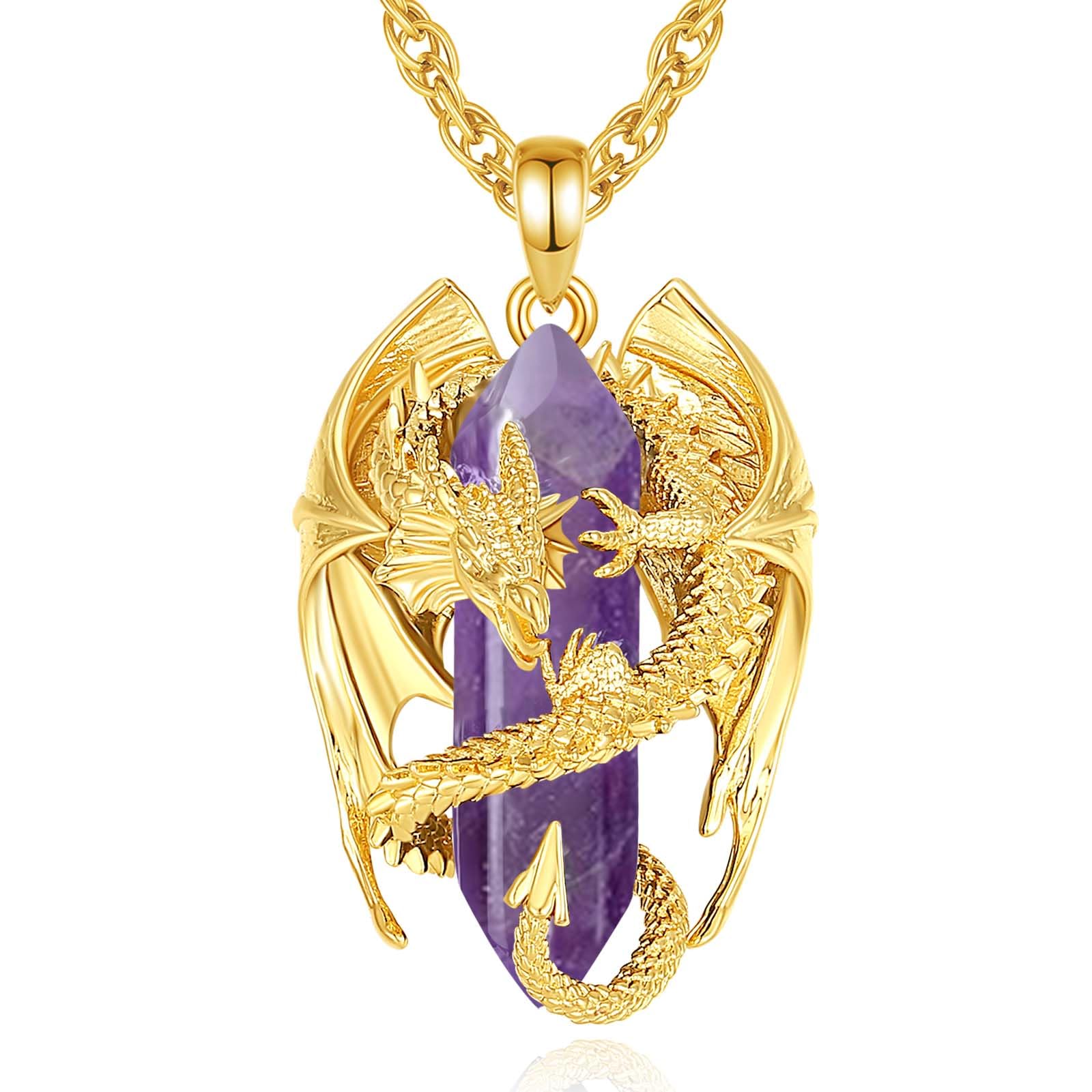 INFUSEU Kristall Drachen Kette, Nordischer Drache Gewickelter Zylinder Edelstein Kristall Anhänger Sechseckiger Heilkristall Anhänger Gothic Naturkristall-Schmuck Geschenk für Männer Frauen