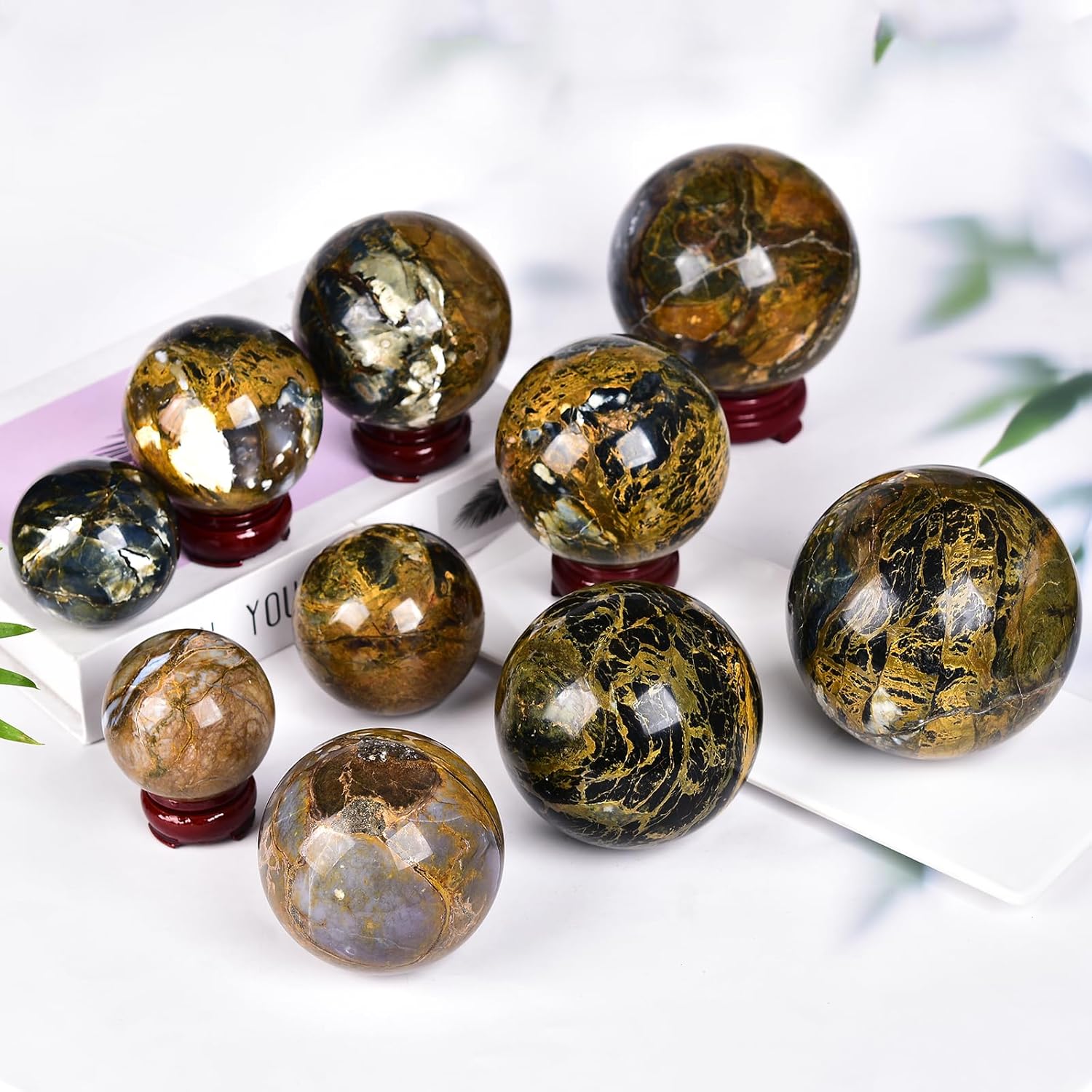 JIC Gem Large Crystal Ball with Stand Pietersite Crystal Ball Gemstone Decorative Ball for Home Decoration Altar Reiki Feng Shui Crystal Gift 80-90mm