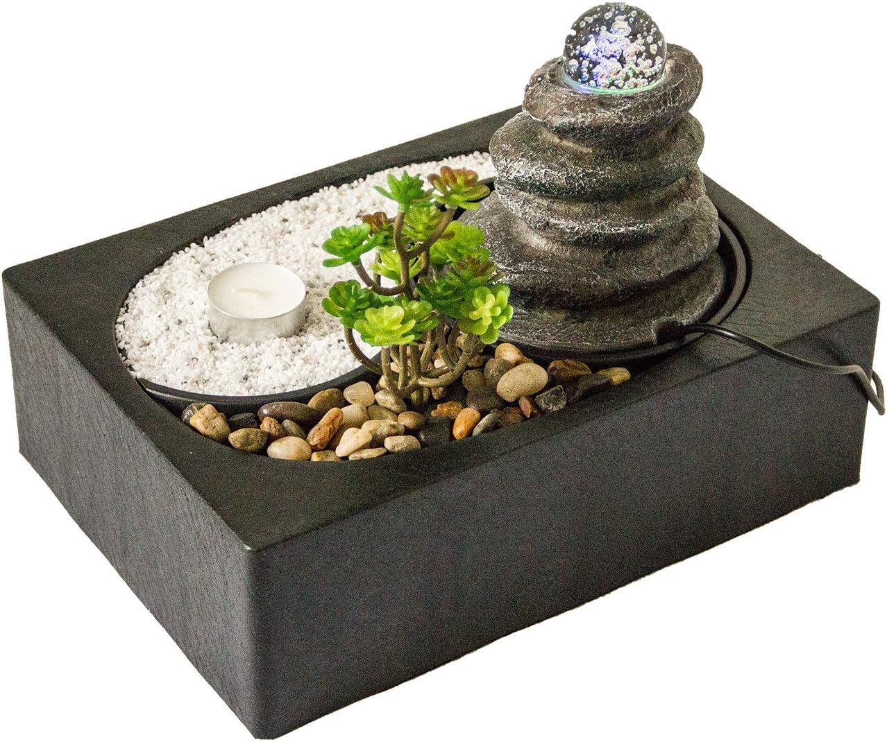Zimmerbrunnen mit LED-Beleuchtung | Tischbrunnen mit Wasserfall und beweglicher Glaskugel | dekorativer Zierbrunnen mit Feng Shui Elementen | Springbrunnen mit Yin Yang Felsengarten für Zuhause