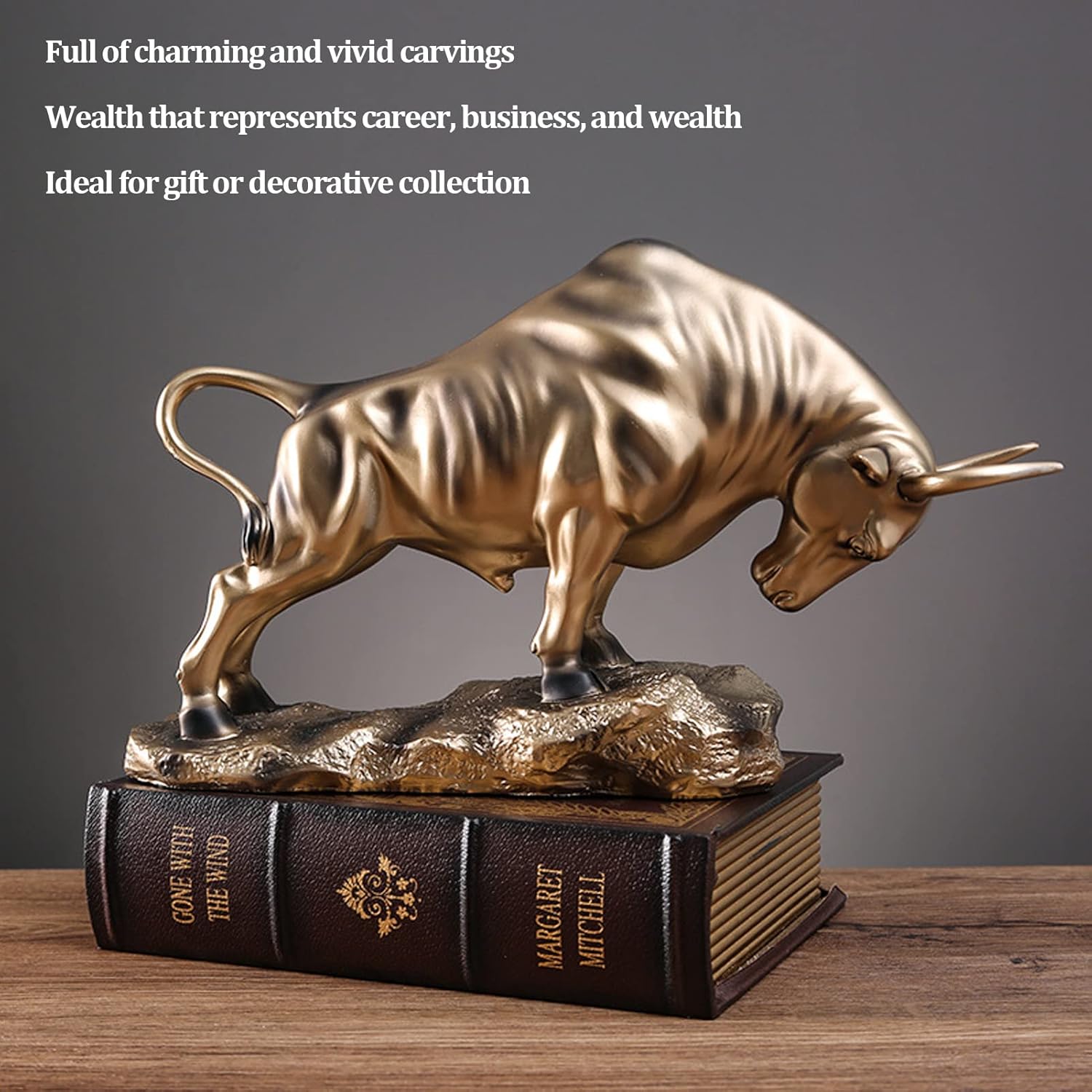 Golden Feng Shui Bull Sculpture Made of Resin - Ox Figure for Happiness, Career and Wealth - Chinese Souvenir, Gift, Home Office Table Decoration for TV Cabinet