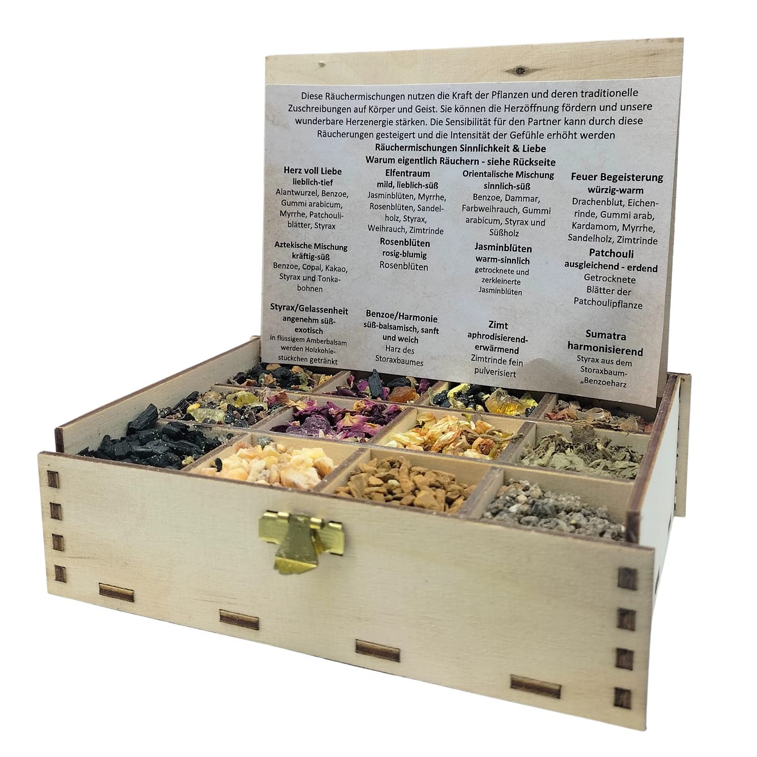 Heilkräuter Manufaktur Räucherbox Geschenkbox mit 12 Sorten Räuchermischungen Räucherwerk für die Seele, 14 x 10 x 4 cm