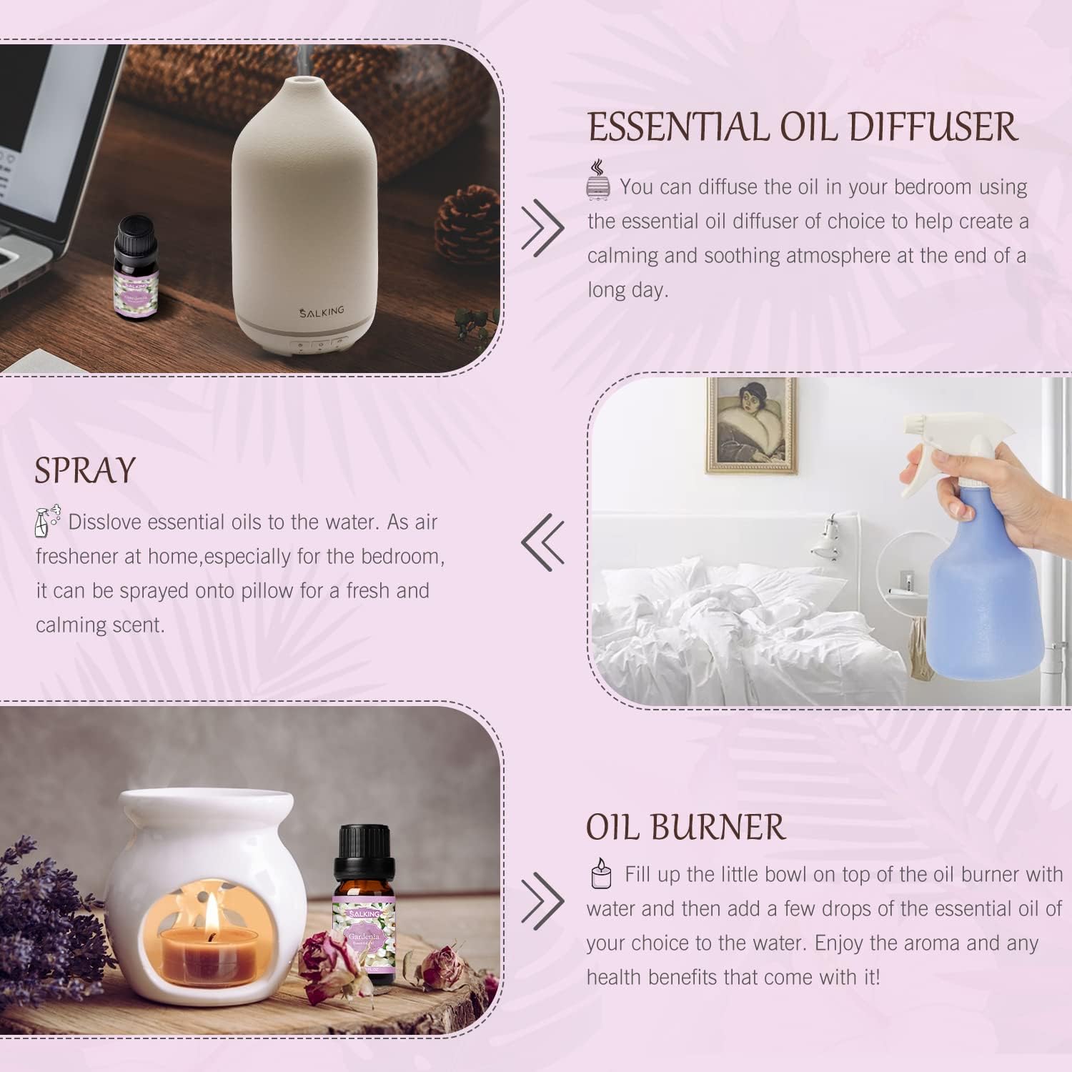 SALKING Essential Oils Set, Aromatherapy Fragrance Oil Gift Set, 100% Pure Fragrance Oils for Diffuser, Oil Lamps, Humidifier, Massage, 6 x 10 ml (Lavender, Rose, Cherry Blossom, Jasmine, Gardenia,