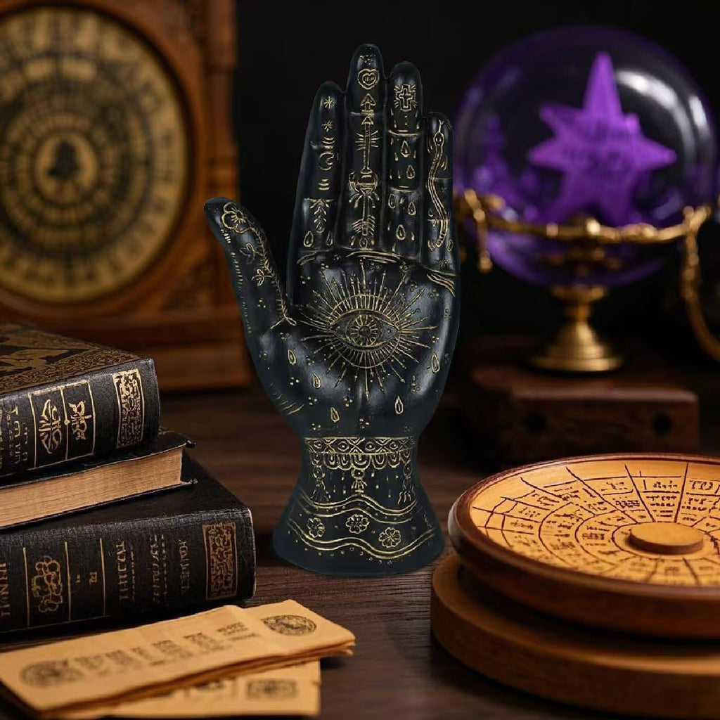 Palmistry Hand Resin Statue Telling Palm Reading, Ancient Mystical Palm with Lines and Symbols Sculpture for Palm Readers（Black）
